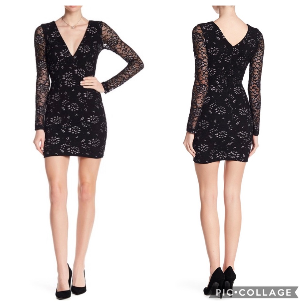 EUC Dress The Population Erica Black Metallic Plunge Neck Lace Bodycon Dress